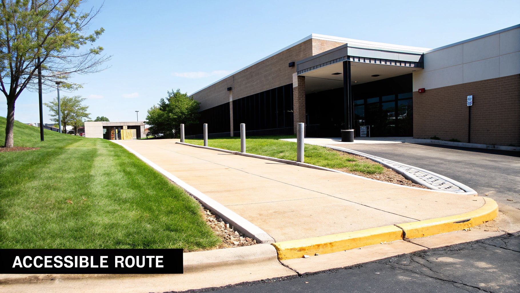 A concrete accessible route with a yellow curb leads to a modern building entrance on a sunny day.