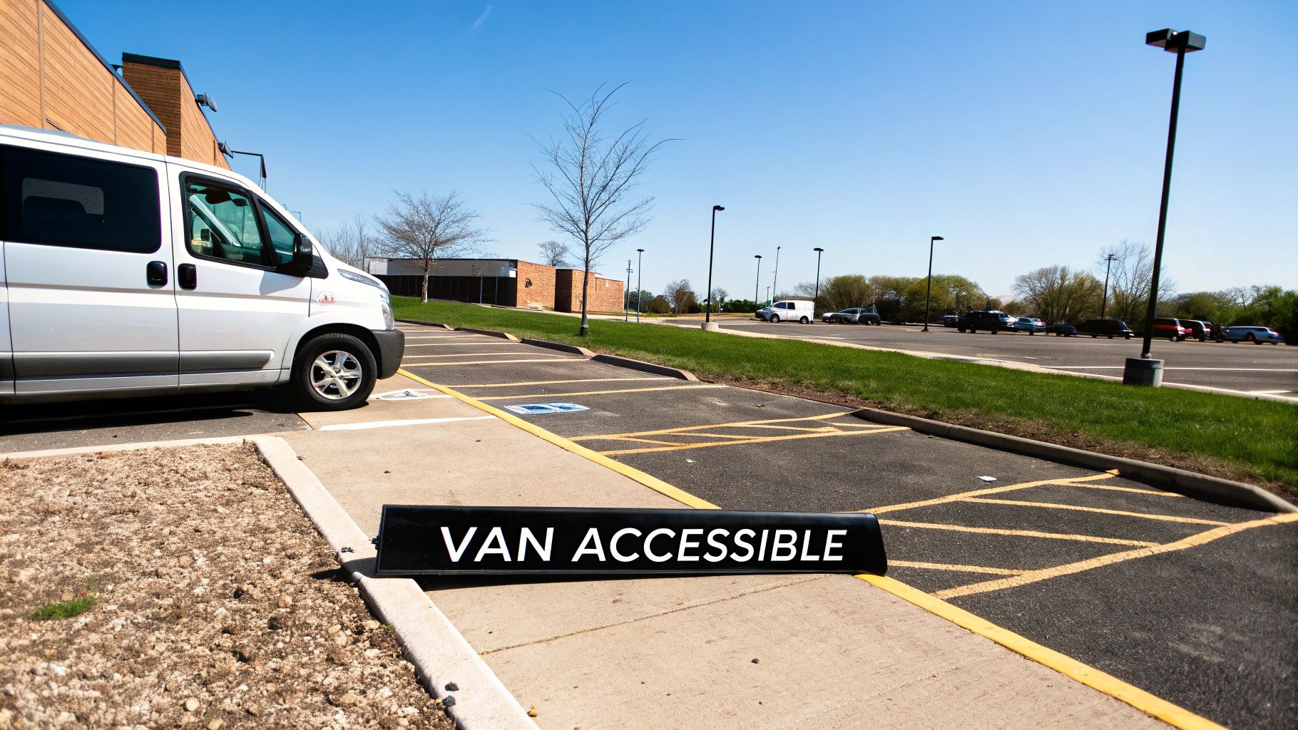 A white van is parked in a designated van-accessible handicap parking space with a ground sign.
