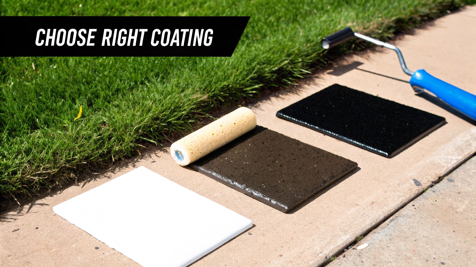 Three samples of white, brown, and black floor coatings on concrete with a paint roller.