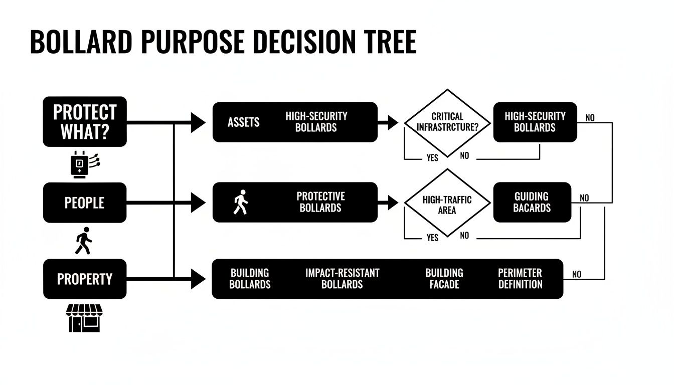 A decision tree flowchart illustrating different types and purposes of bollards for protection.
