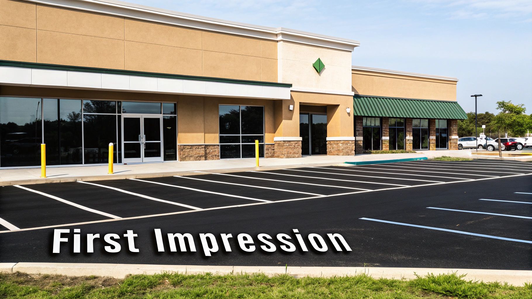A newly striped black parking lot in front of a modern tan commercial building with several storefronts and a green awning.