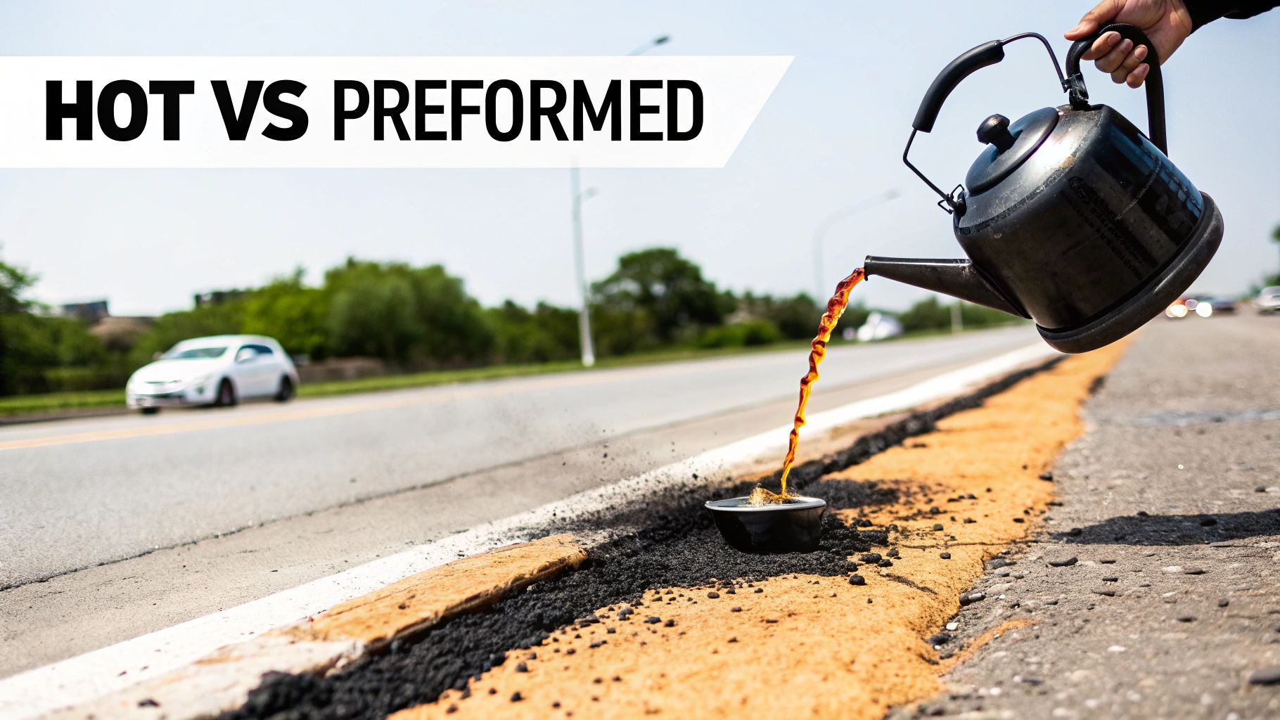 A hand pours hot orange liquid from a kettle onto the road shoulder next to a highway, with text 'HOT VS PREFORMED'.