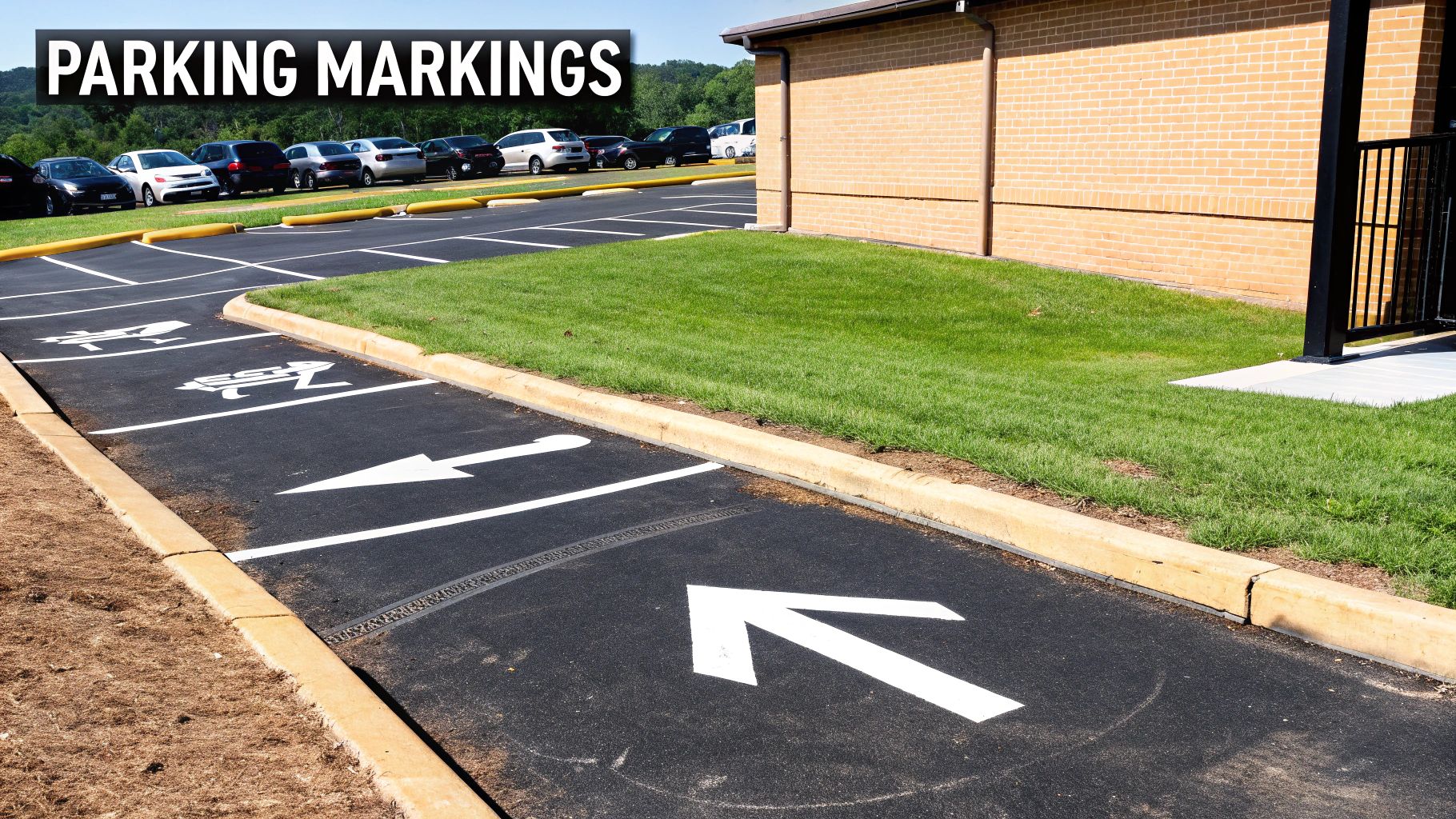 Freshly painted parking lot markings with arrows and EV charging symbols on black asphalt.