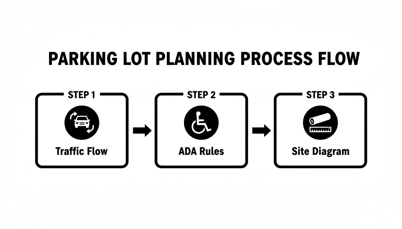 A three-step process flow for parking lot planning: Traffic Flow, ADA Rules, and Site Diagram.