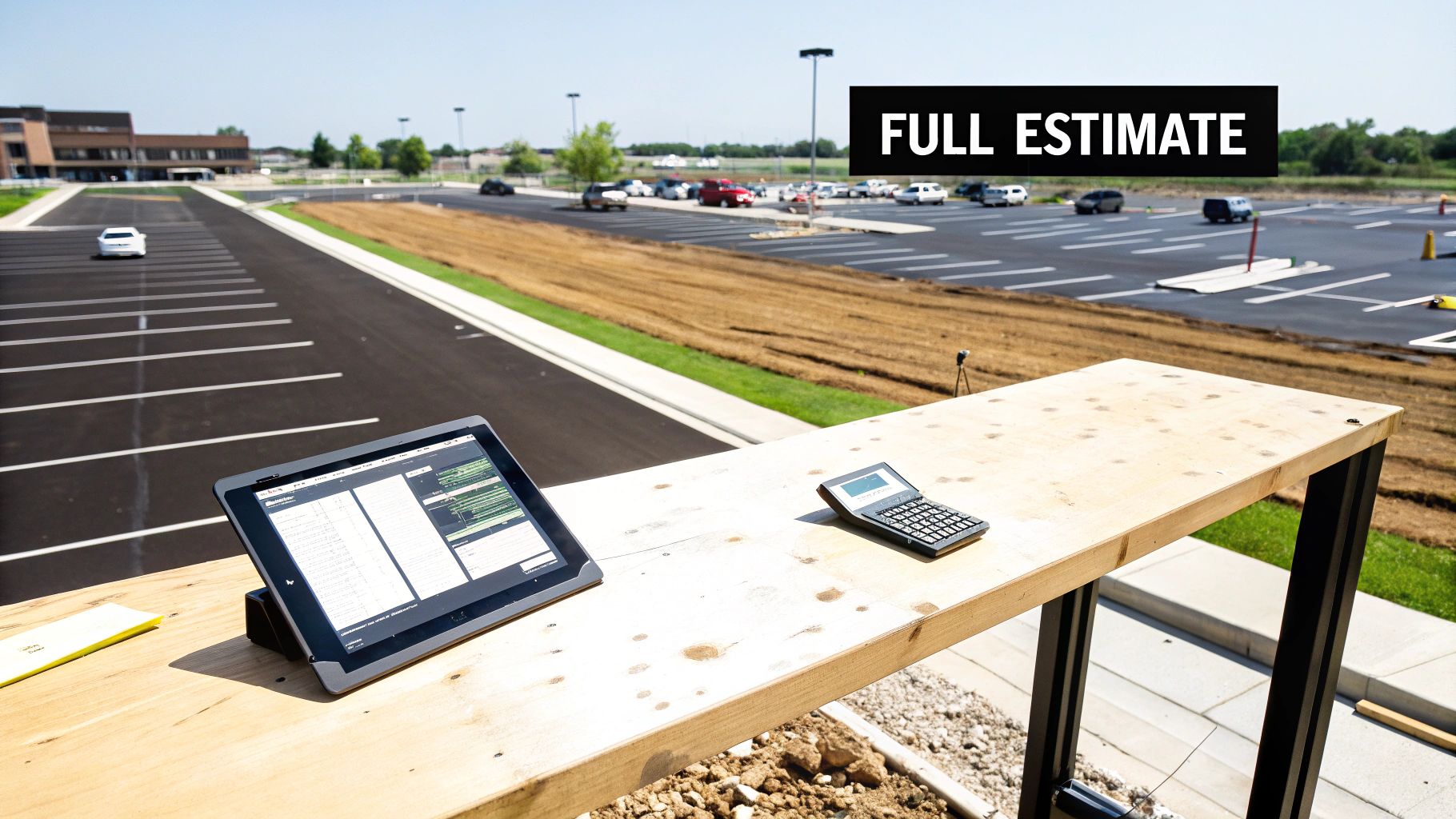 Tablet and calculator on a wooden table at a construction site, with a new asphalt parking lot and 'FULL ESTIMATE' banner.
