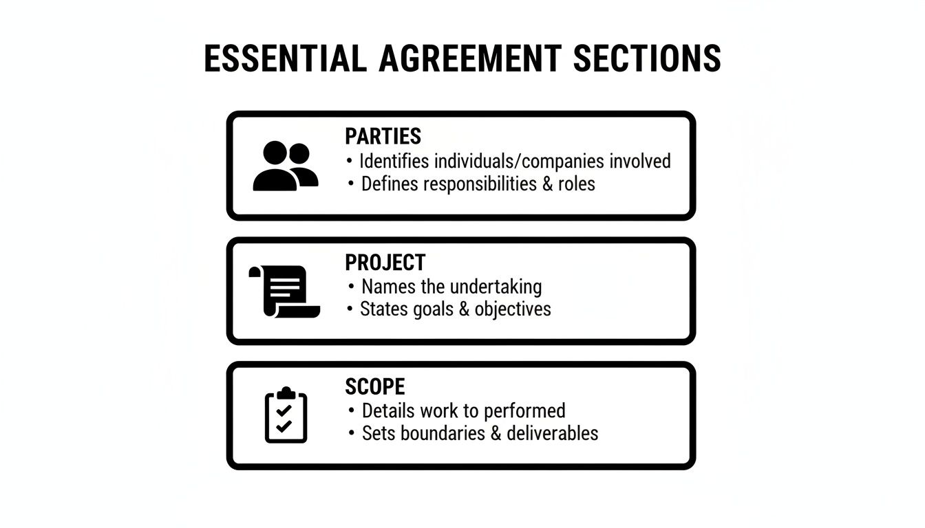 Diagram outlining essential agreement sections: Parties, Project, Scope, with their key descriptions.