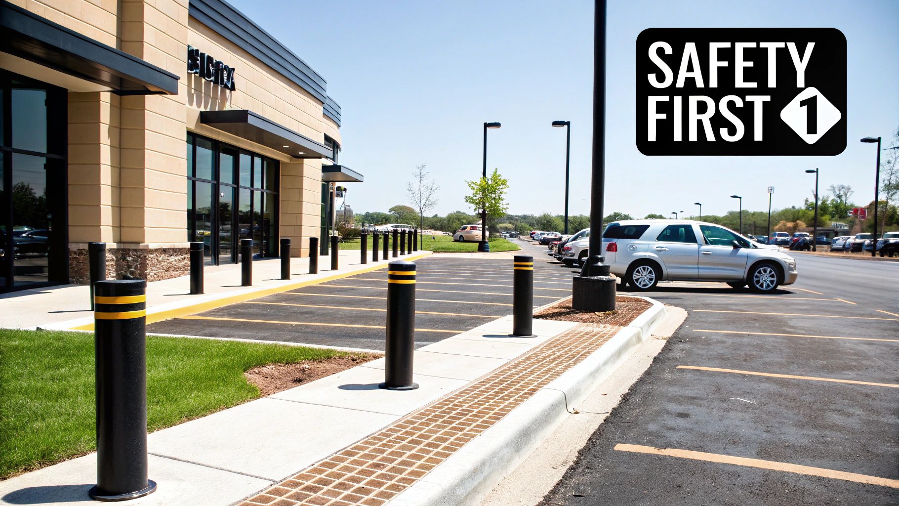 A retail building with a parking lot featuring black bollards, parked cars, and a "SAFETY FIRST" sign.