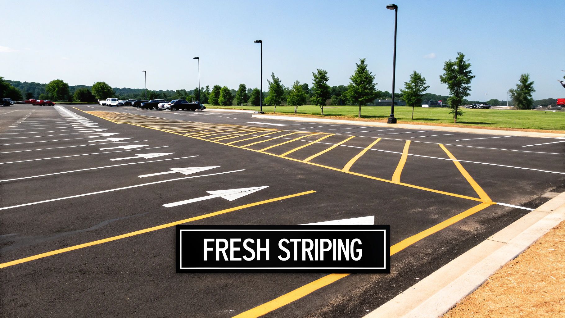 A newly paved asphalt parking lot with fresh white line striping and yellow directional arrows.