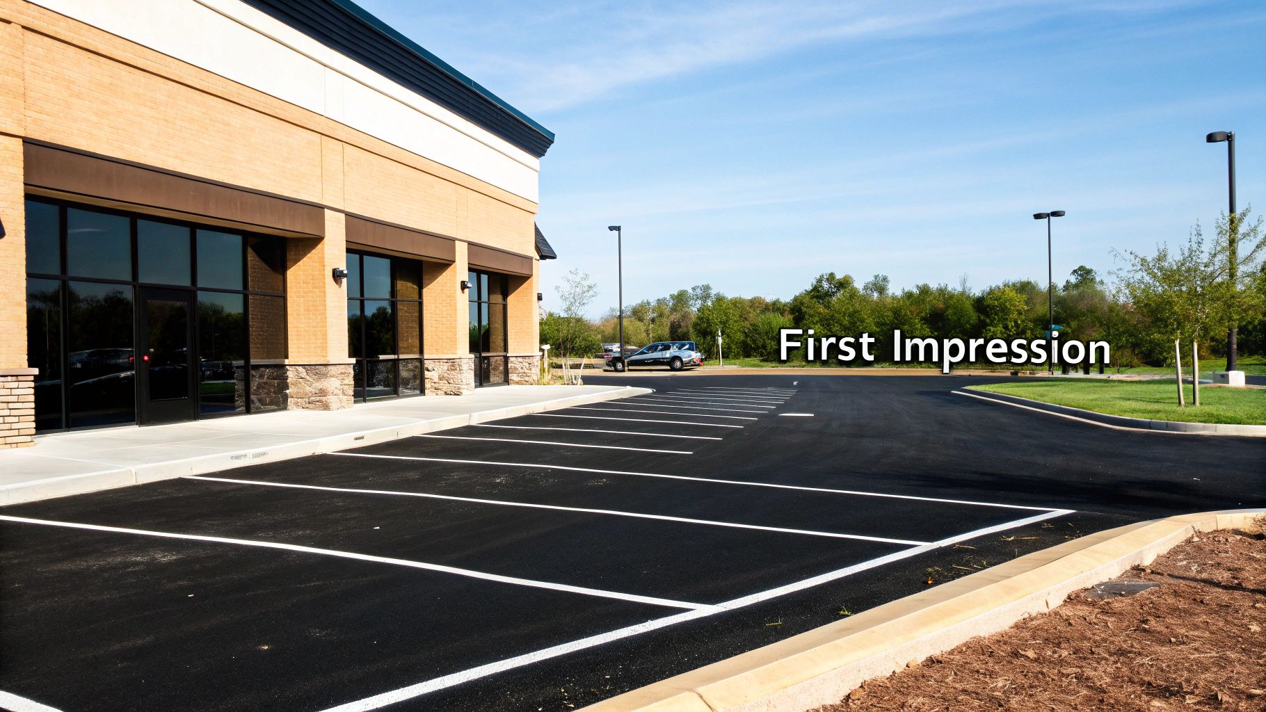A newly paved parking lot with white lines in front of a modern commercial building under a clear blue sky.