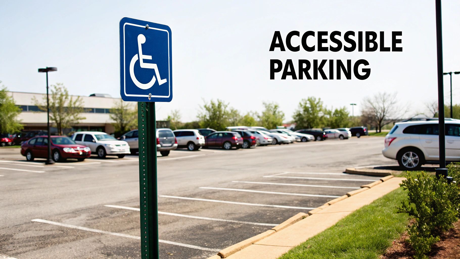 A blue accessible parking sign in a parking lot with cars under a clear sky.