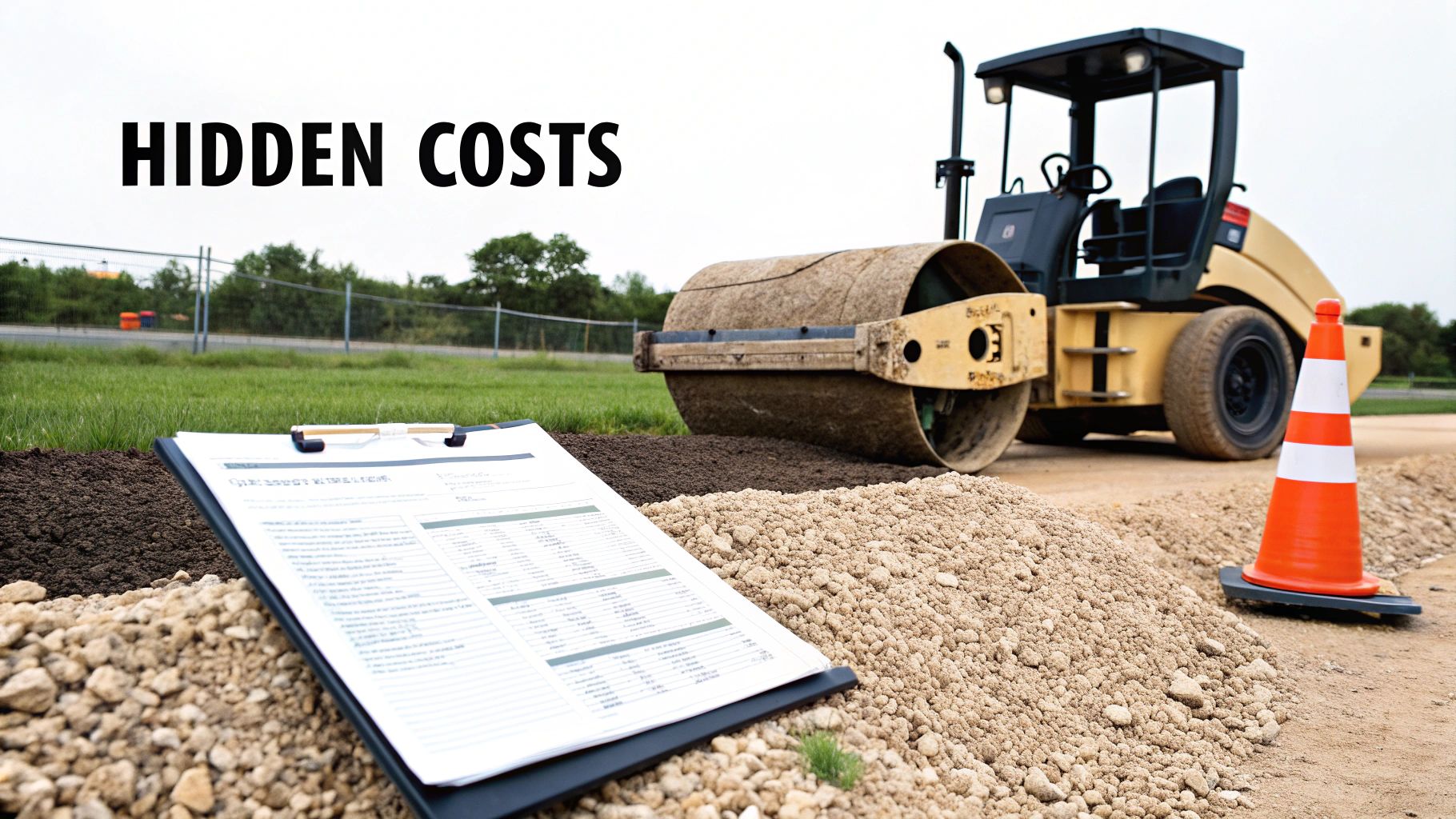 A construction site with a road roller, a clipboard, and piles of earth and gravel.