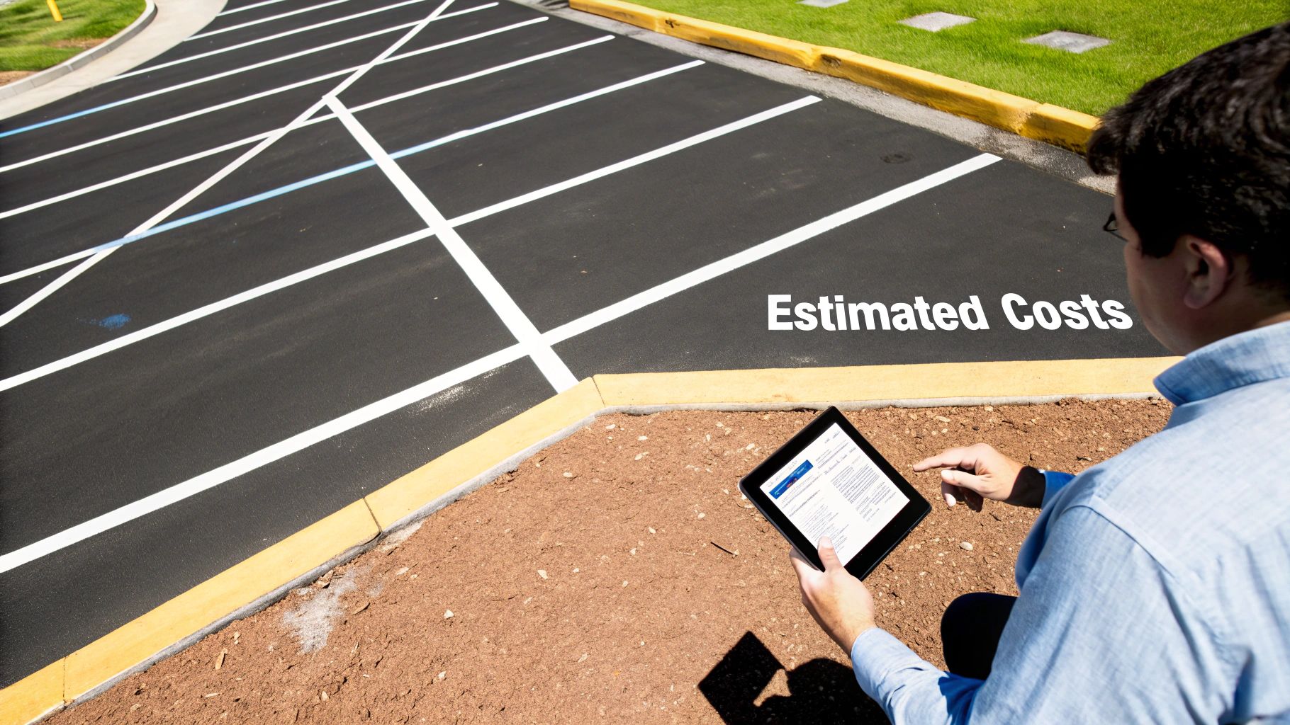 A man looking at a tablet with "Estimated Costs" text on a newly striped asphalt parking lot.