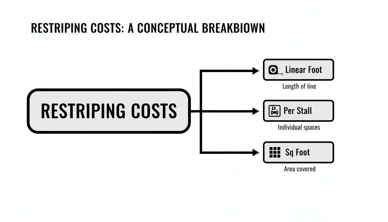 Conceptual breakdown diagram showing restriping costs based on linear foot, per stall, and square foot.