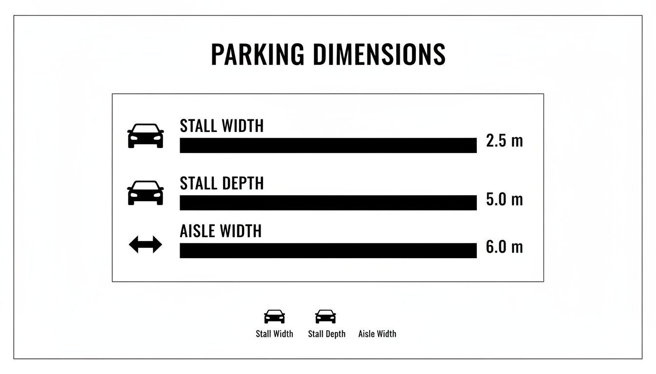 A diagram displaying standard parking dimensions: stall width 2.5m, stall depth 5.0m, and aisle width 6.0m.