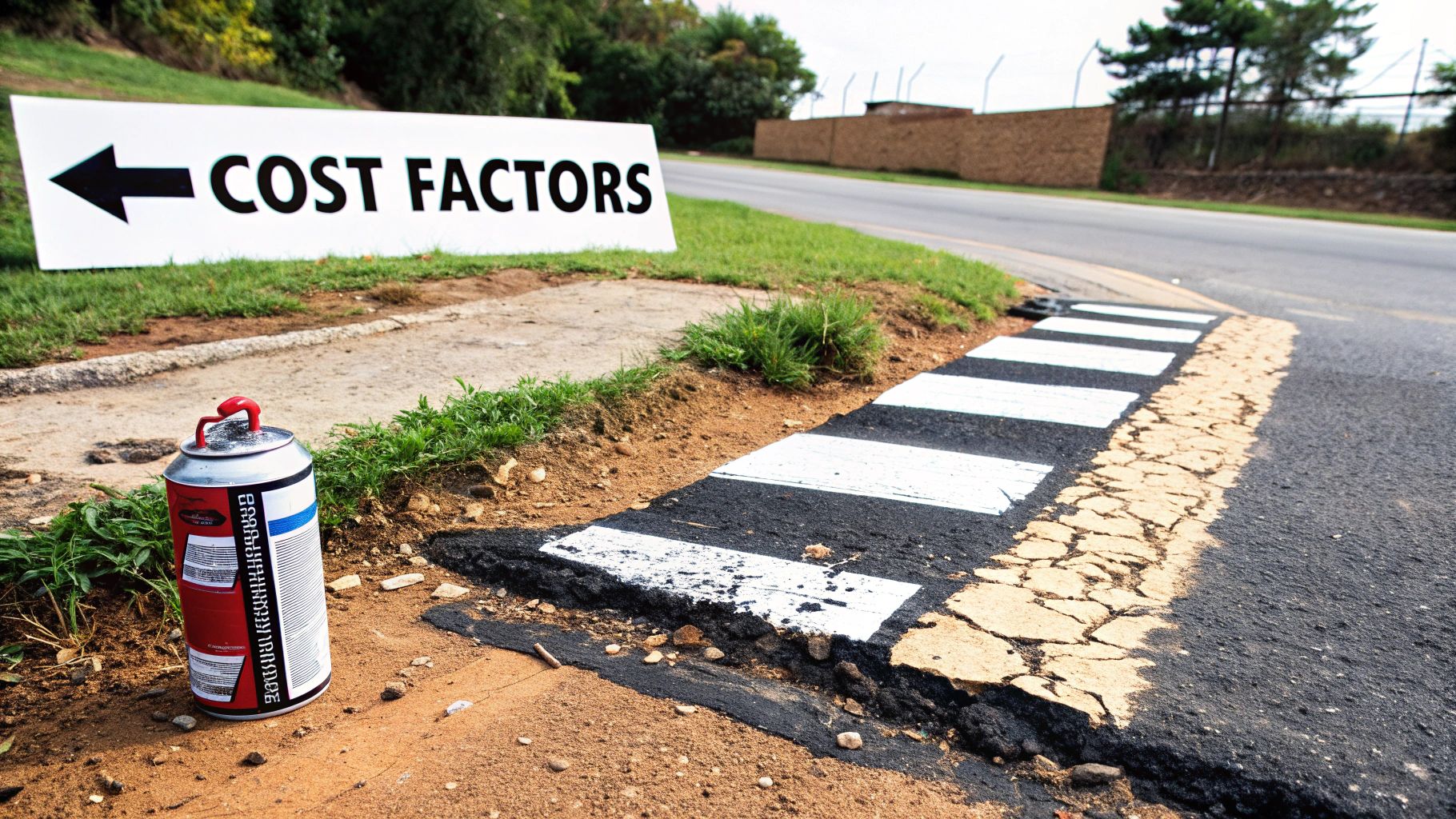 A 'COST FACTORS' sign, spray paint can, and newly painted zebra crossing on asphalt.