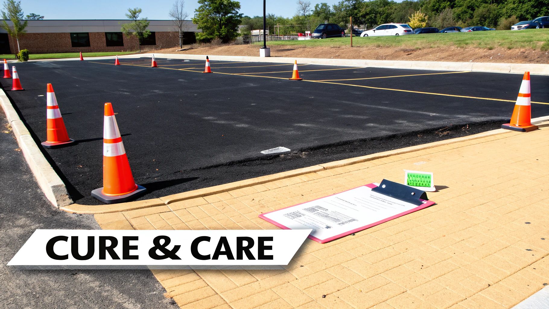 A freshly seal-coated asphalt parking lot marked with orange cones, a clipboard lies on the sidewalk.