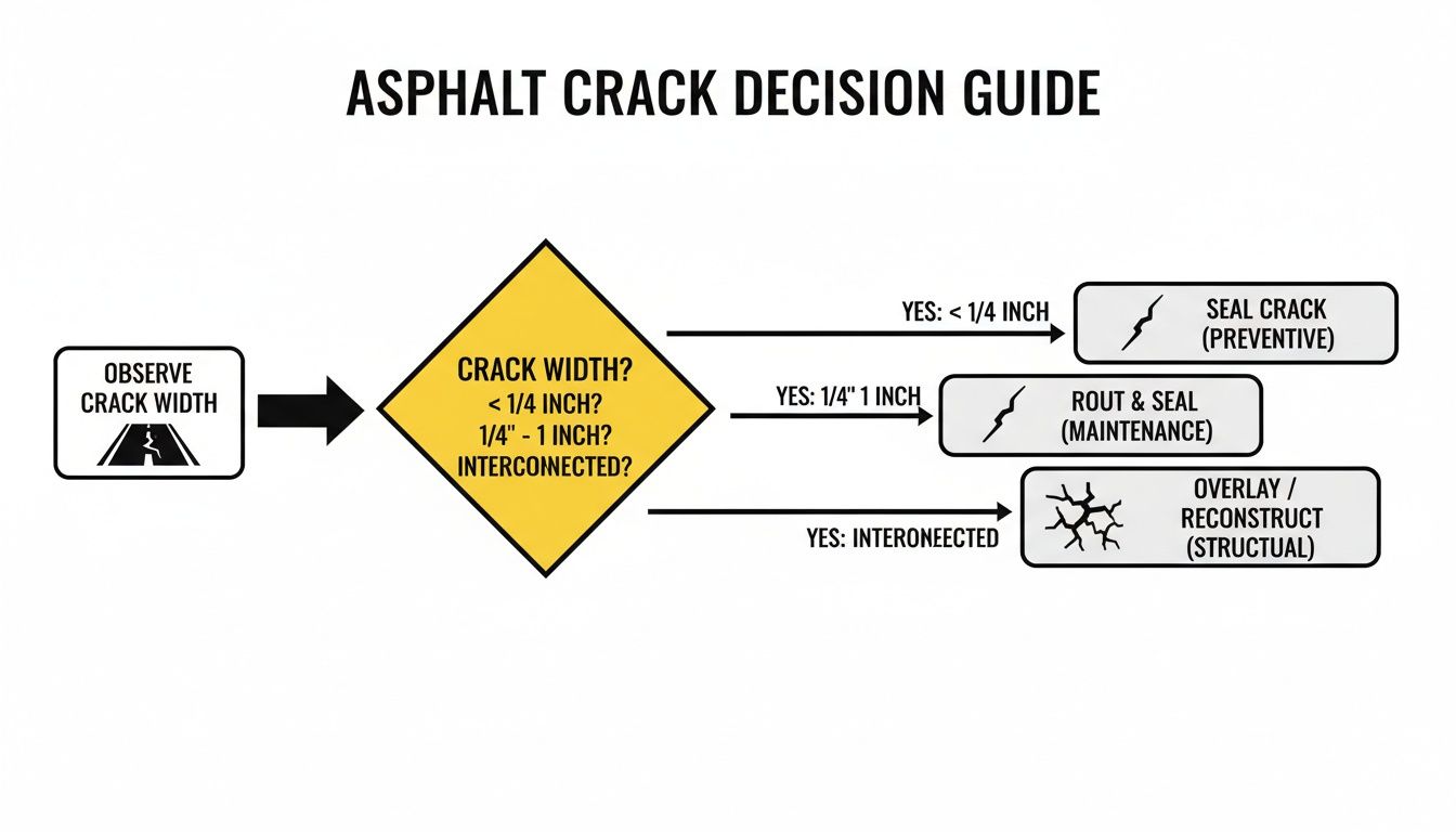 Flowchart guiding asphalt crack repair decisions based on crack width and interconnectedness for maintenance.