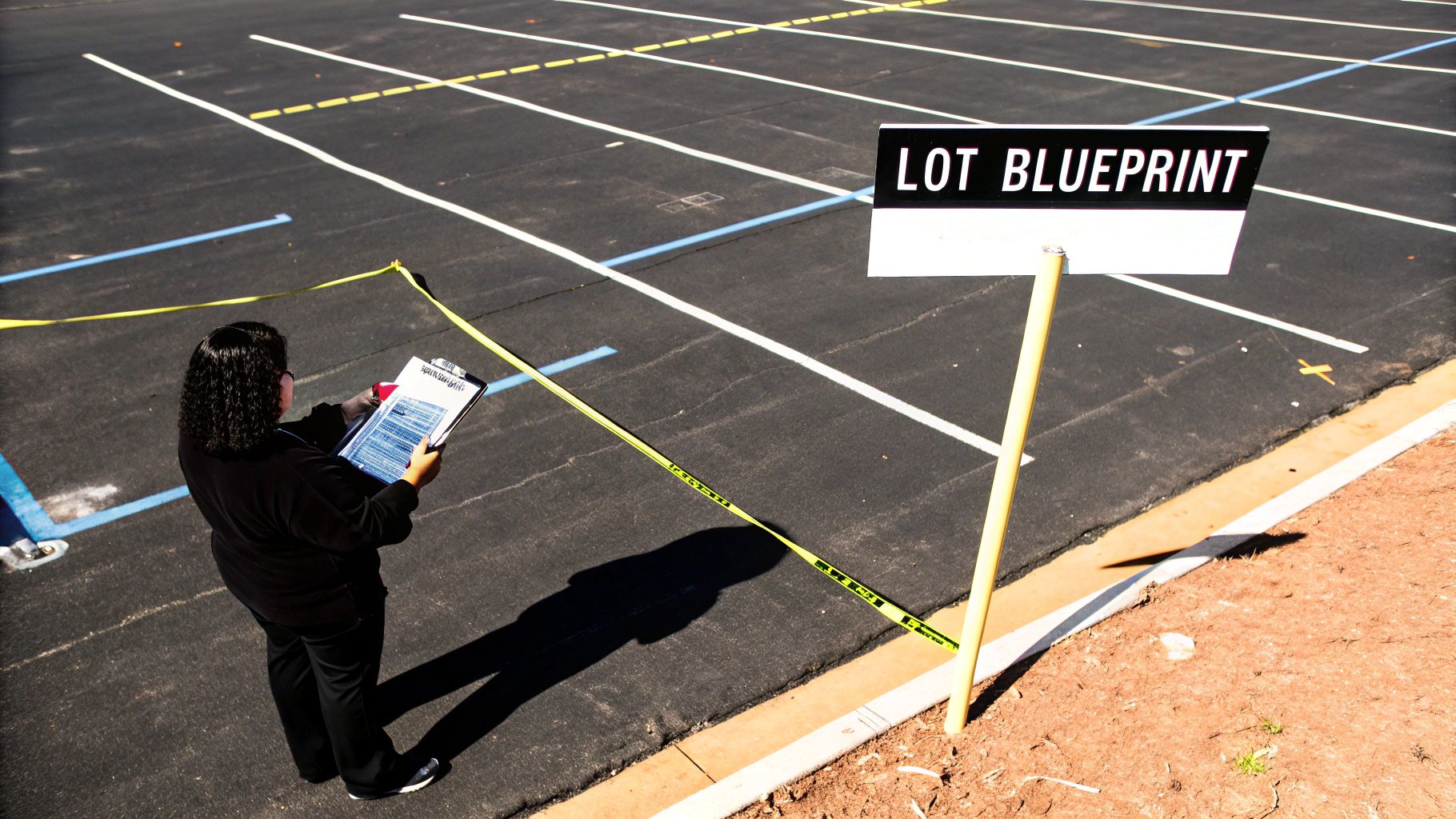 A person reviews a blueprint on a clipboard in a newly-striped parking lot with a 'LOT BLUEPRINT' sign.