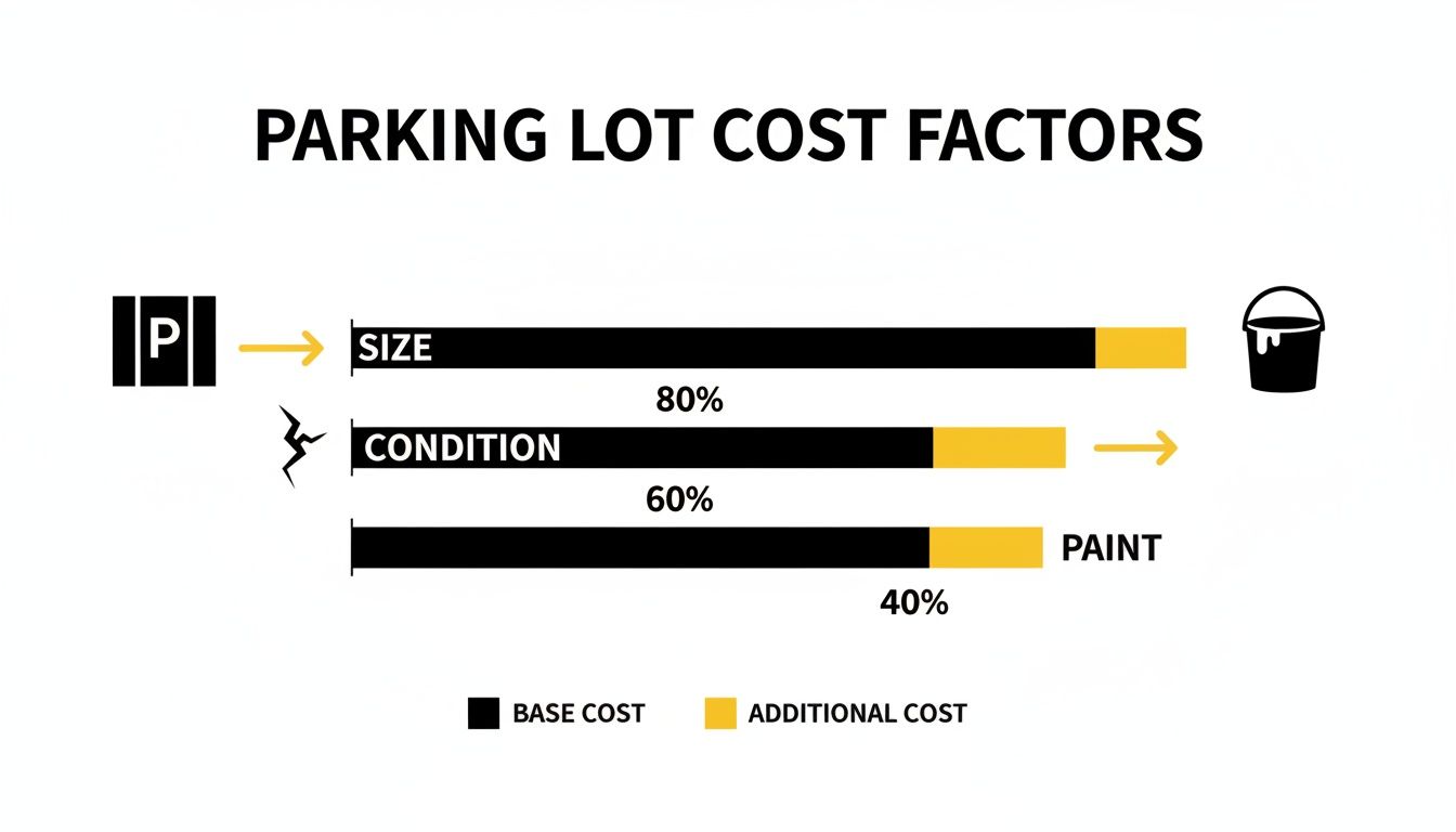 Diagram illustrating parking lot cost factors, showing base and additional costs for size, condition, and paint.
