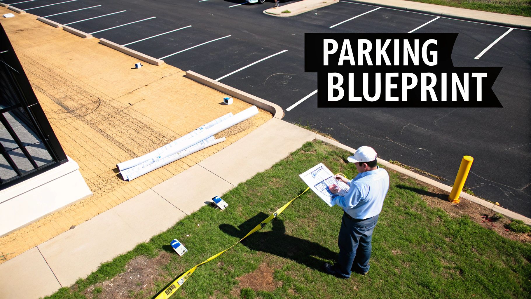 An aerial view of a man examining blueprints for a new parking lot layout and design project.