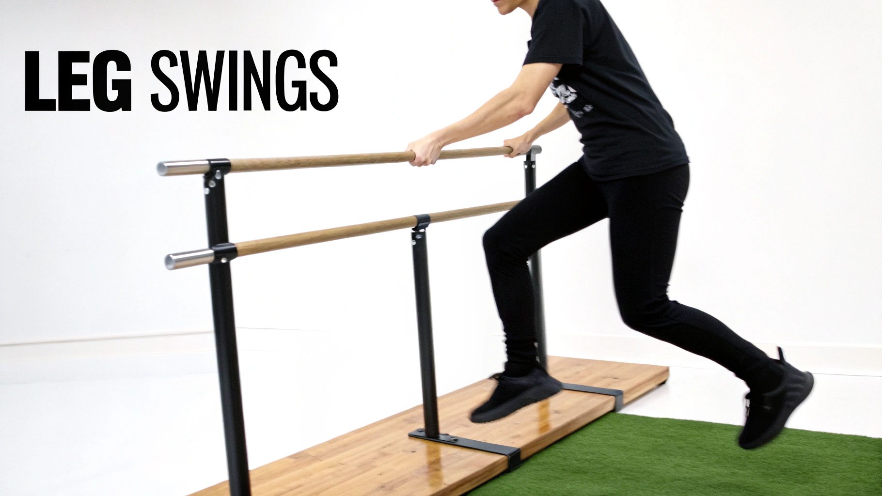 Person performing leg swings exercise using parallel bars for dynamic stretching and warm-up routine