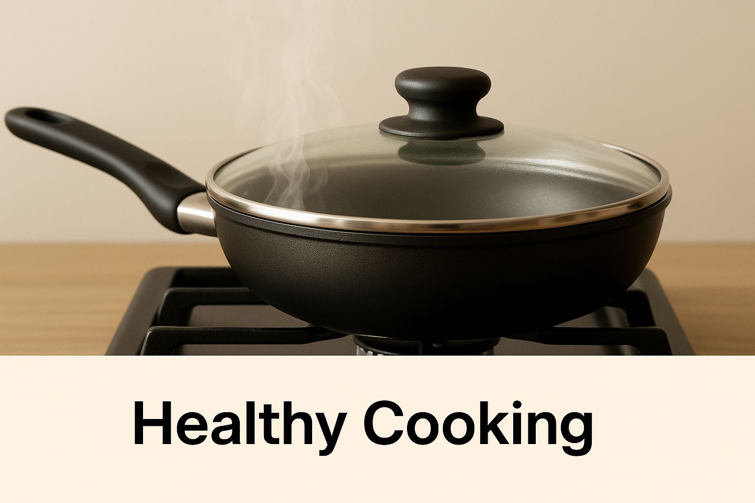 An infographic showing a non-stick frying pan on a stovetop with steam rising from under the lid, with the words 'Healthy Cooking' overlaid.