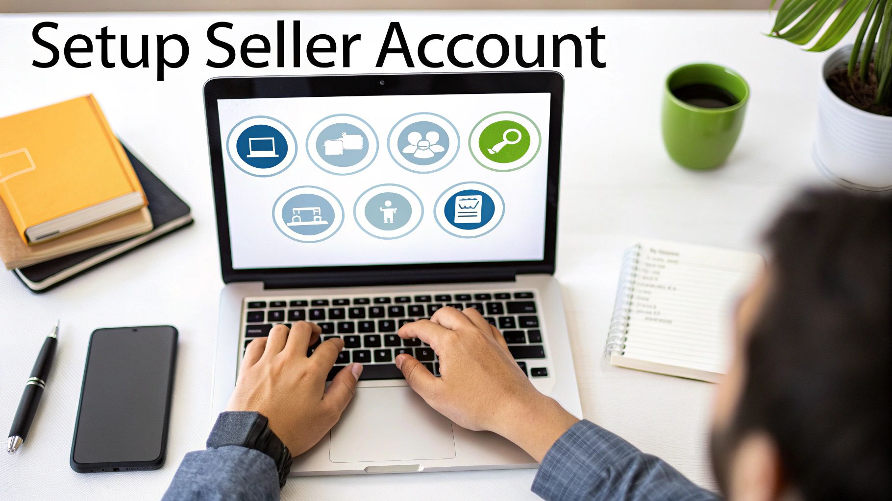 A person setting up a seller account on a laptop, with various business icons on the screen.