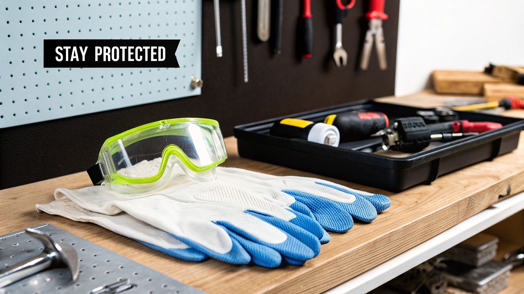 A person wearing protective gloves and goggles carefully pouring a liquid from a larger bottle into a smaller spray bottle in a well-lit kitchen.