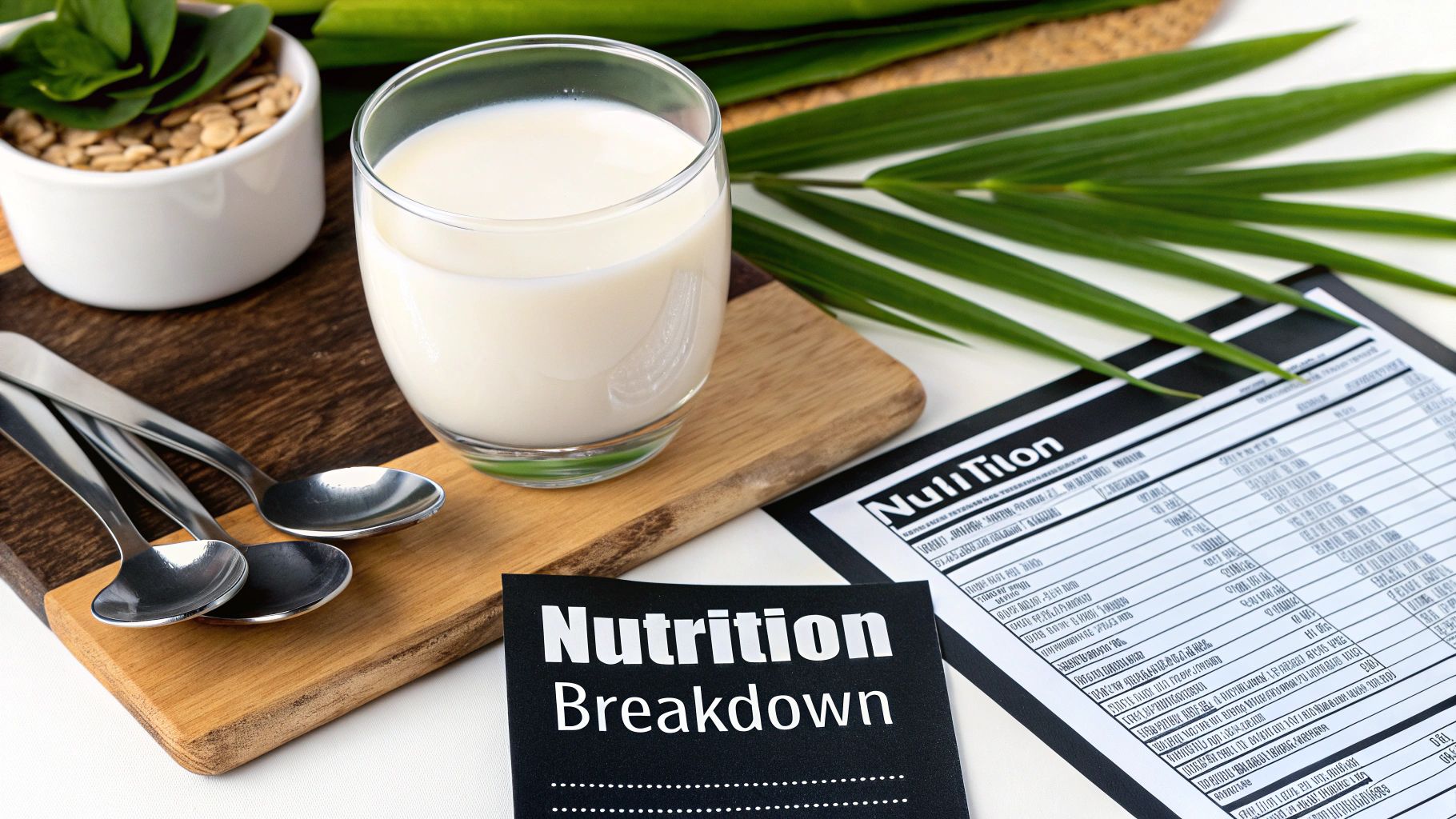 Glass of plant-based milk with oats, spoons, and a nutrition breakdown sheet.