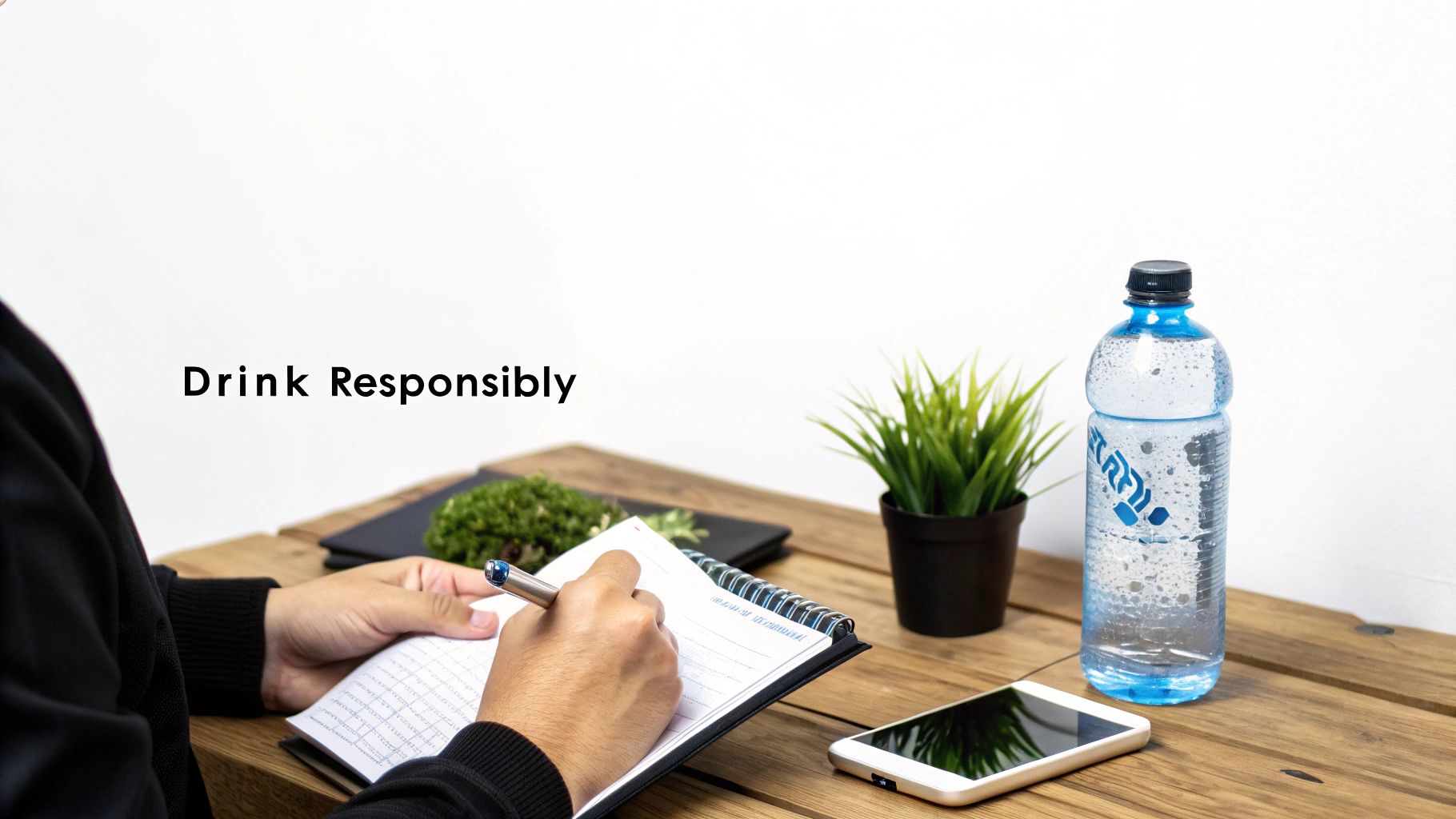 A person's hands writing in a spiral notebook on a wooden desk with a bottle of water and a smartphone.