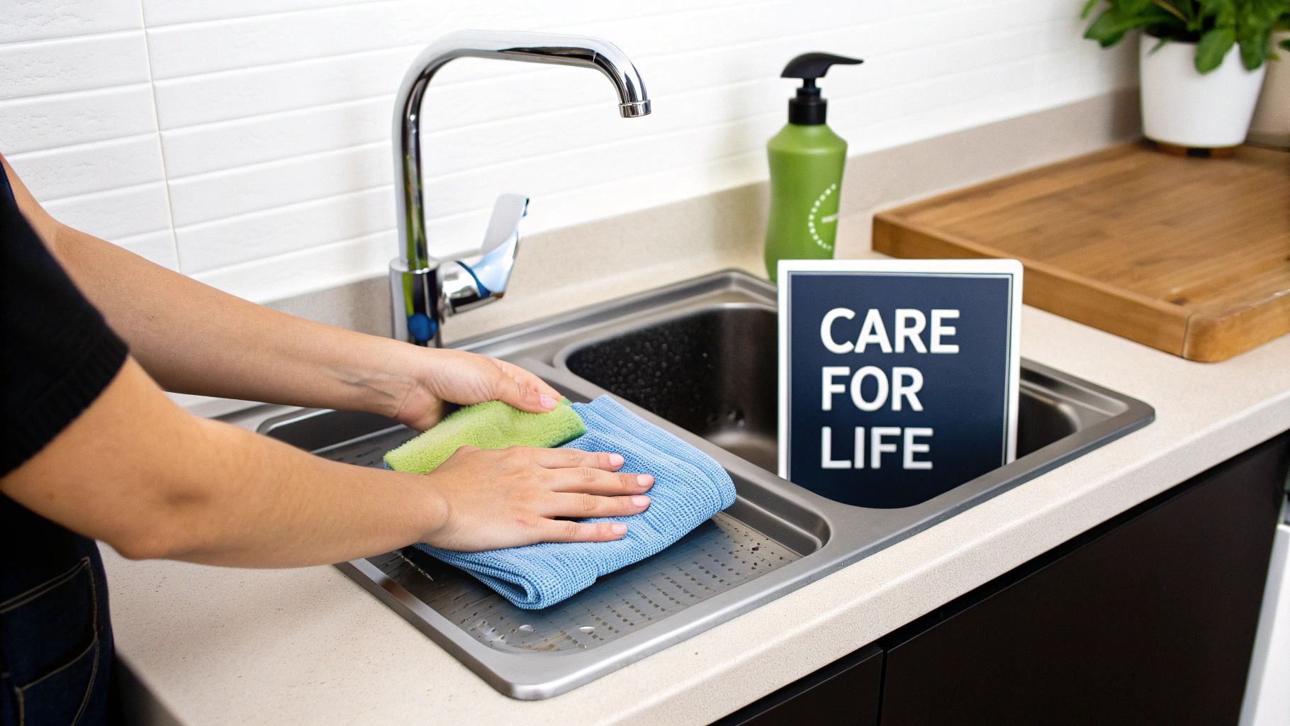 A person's hands hold green and blue microfiber cloths over a kitchen sink with a faucet.