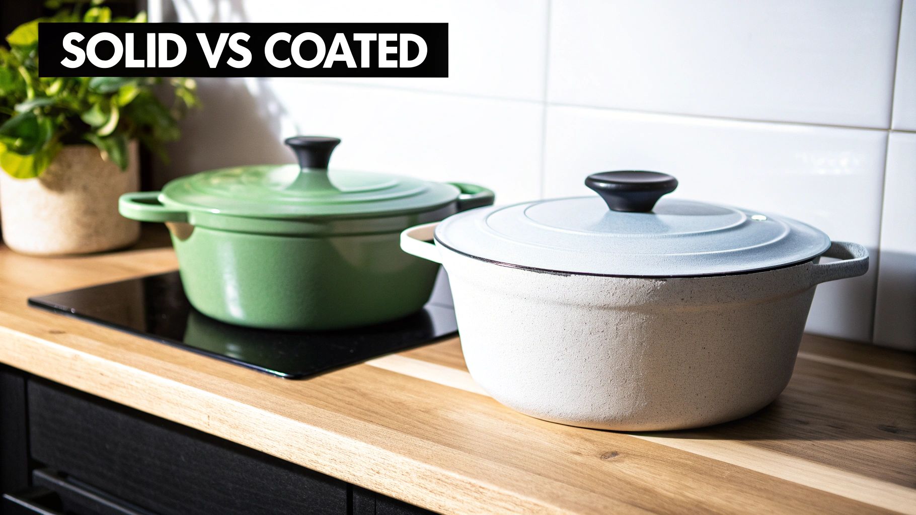 Two vibrant green and white coated cooking pots displayed on a rustic kitchen countertop.