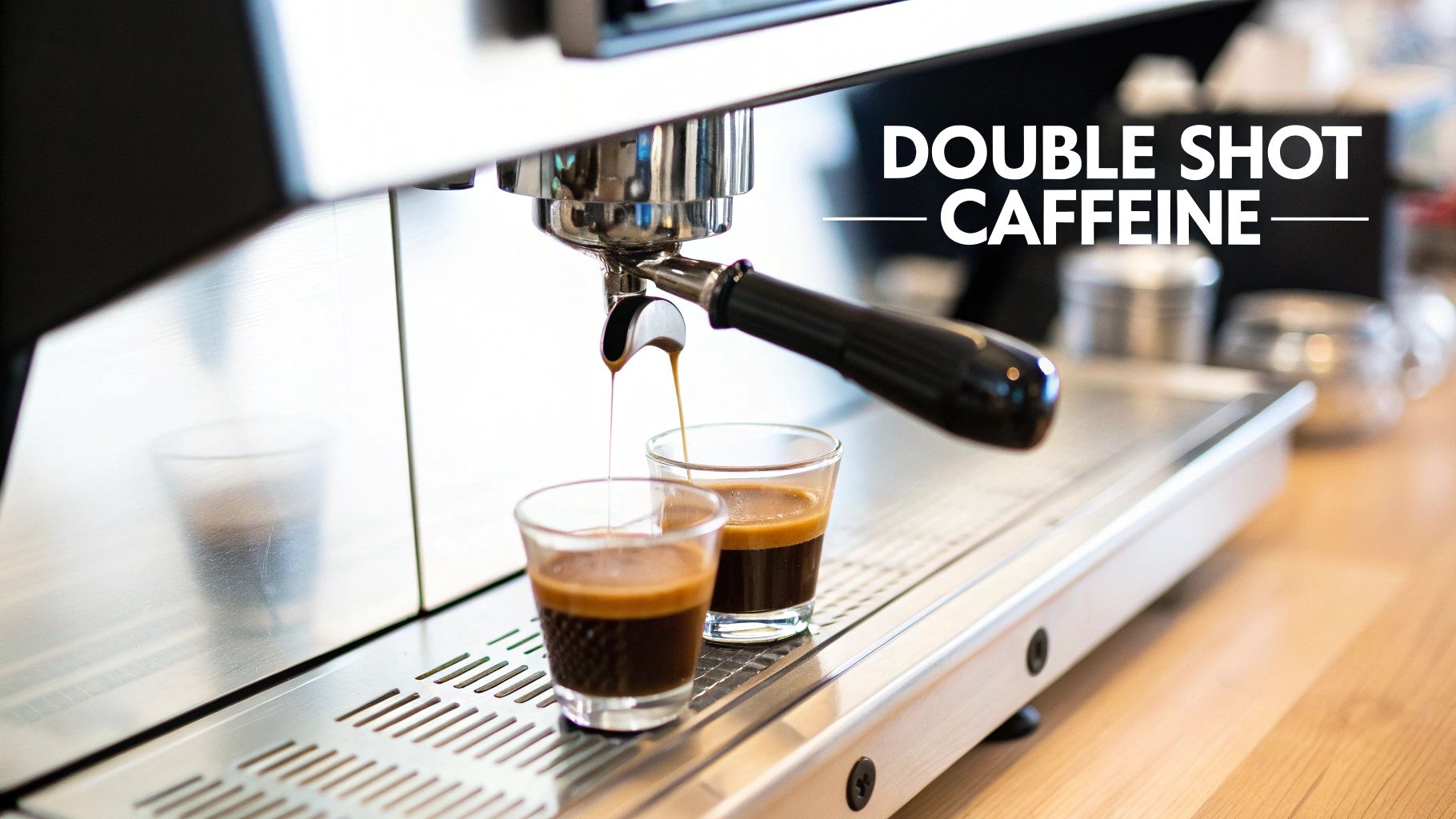 Espresso machine pouring two dark coffee shots with crema into small glasses.