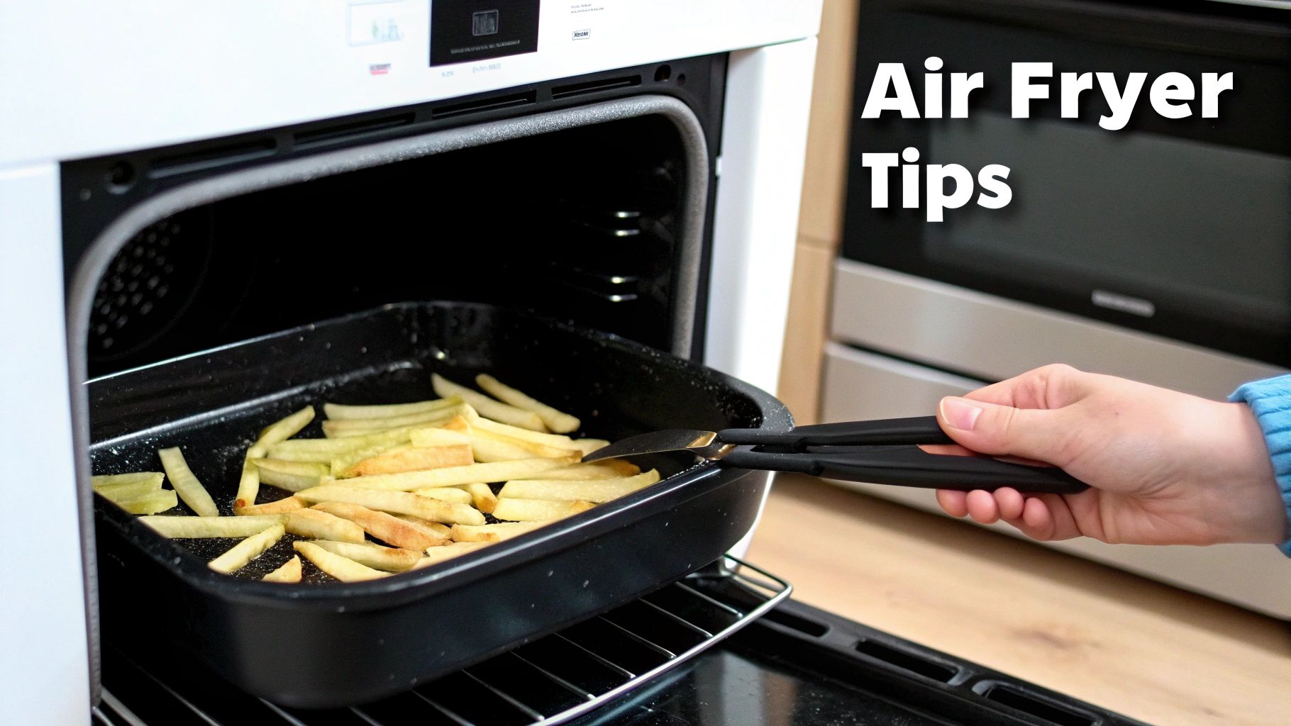 A hand uses tongs to toss golden french fries in a baking tray inside an oven.