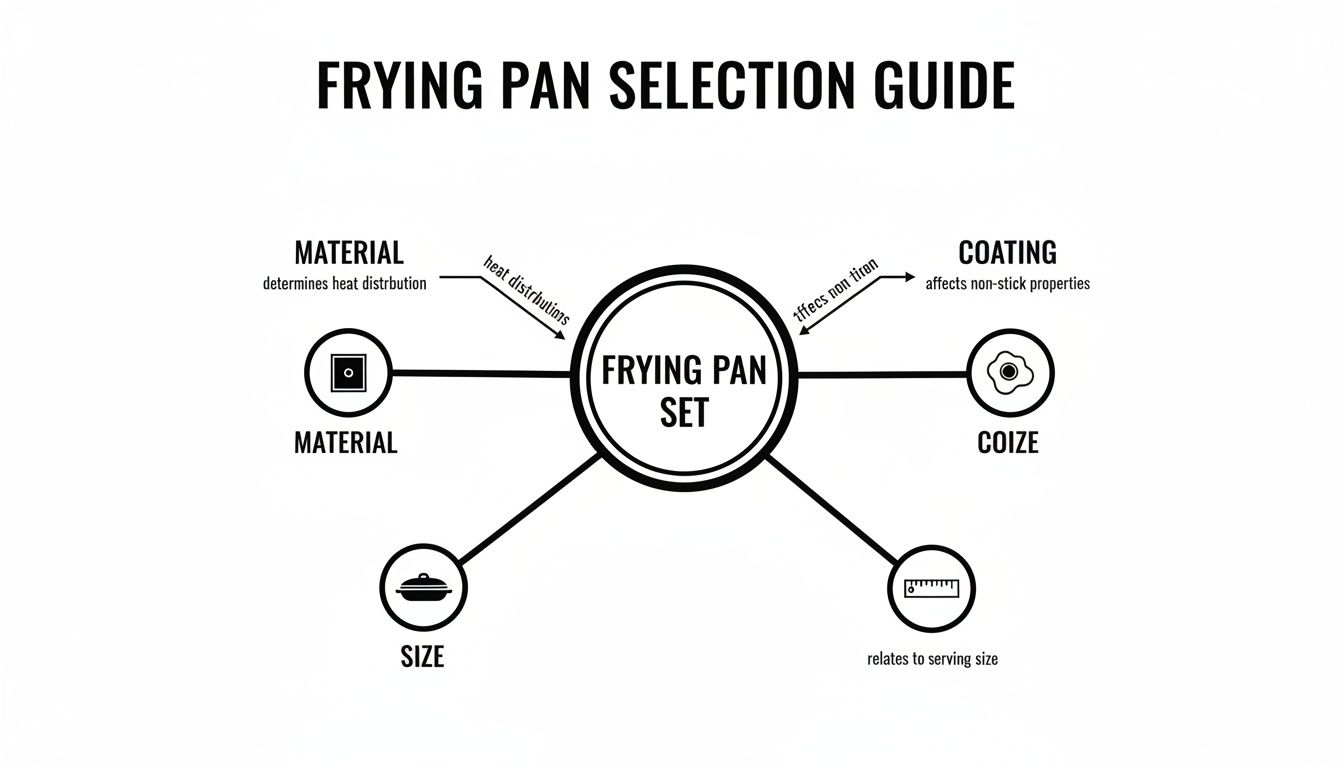 A diagram illustrates a frying pan selection guide based on material, coating, and size.