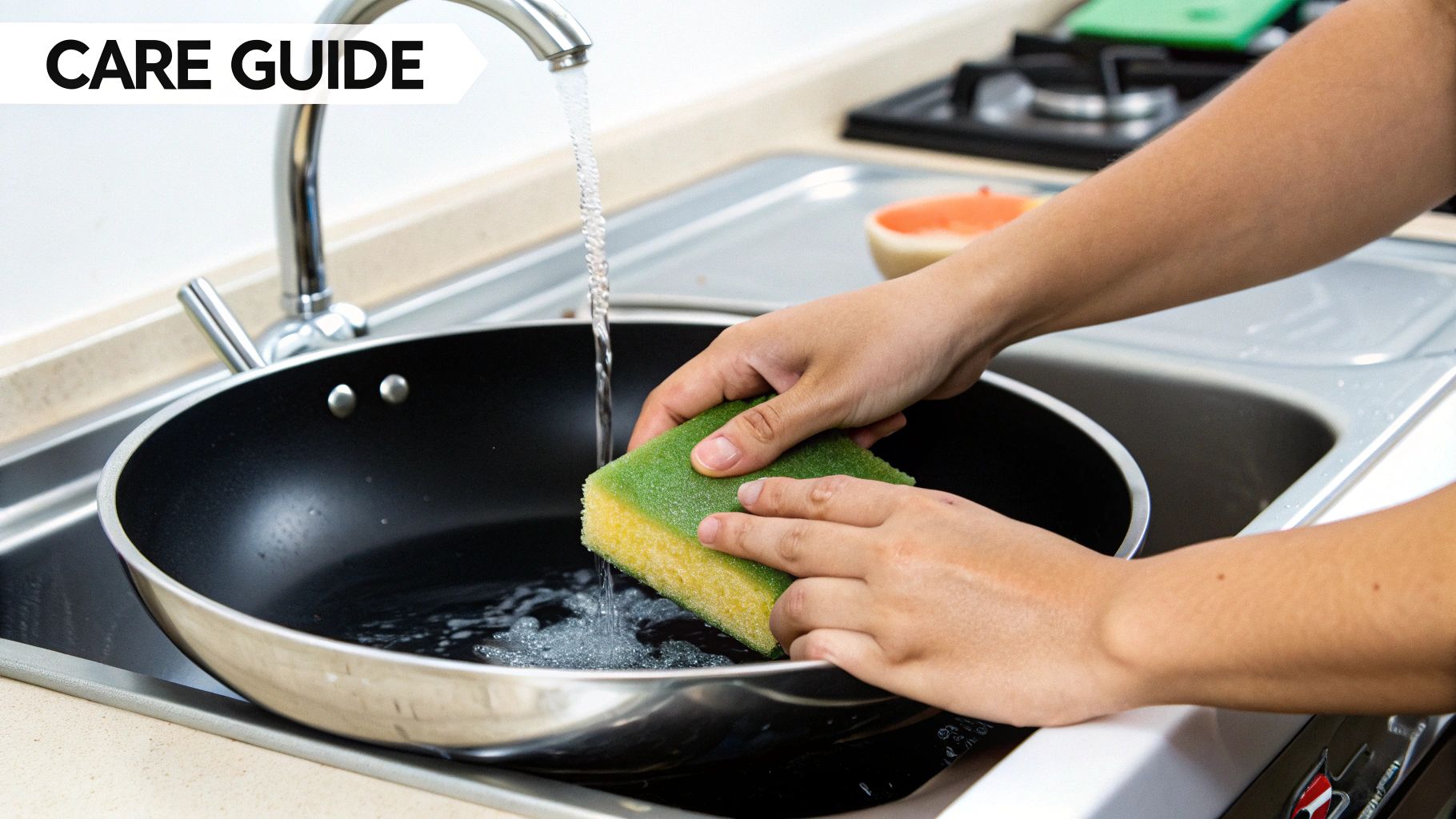 Person washing nonstick frying pan with sponge under running water in kitchen sink