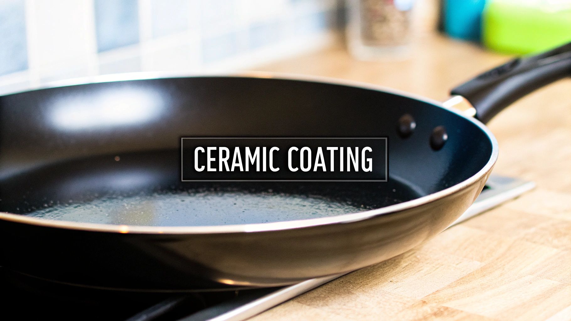 A black frying pan with a 'CERAMIC COATING' label sits on a wooden kitchen countertop.