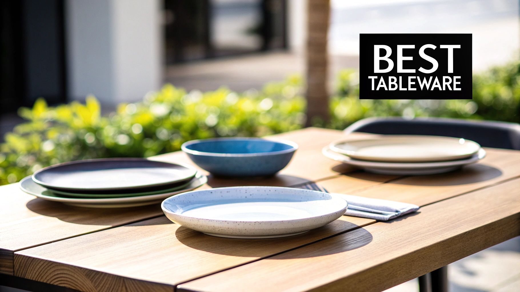 A colorful set of plates and bowls arranged on a wooden outdoor table under bright sunlight.