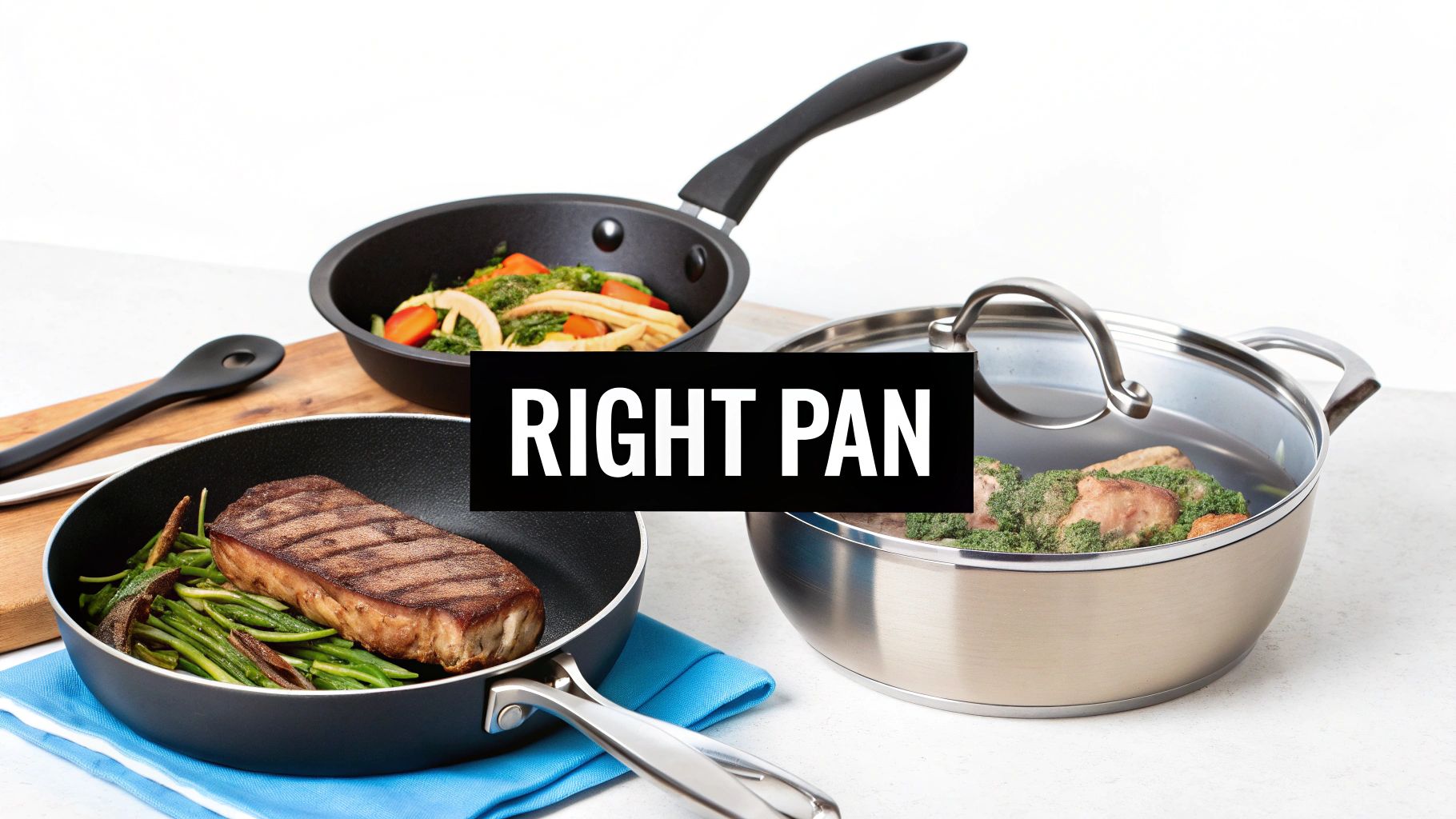 Three different cooking pans displaying vegetables and meat with right pan text overlay