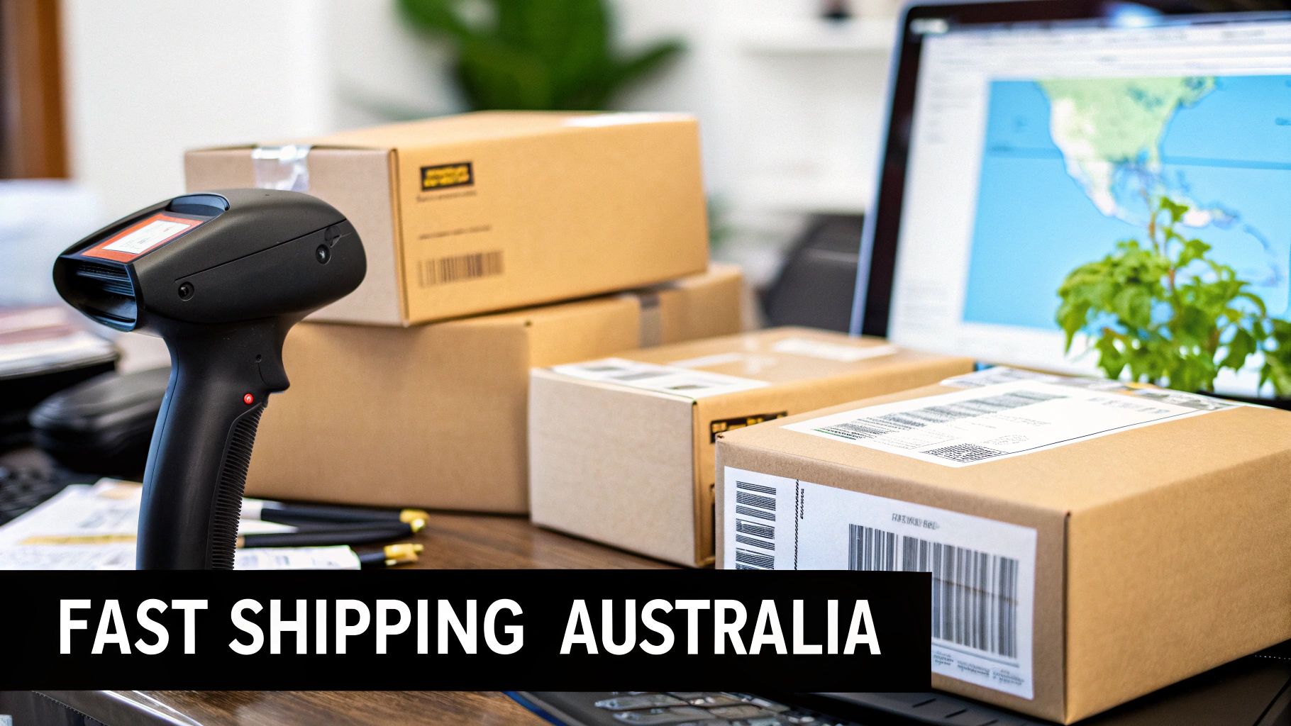 Barcode scanner and shipping boxes on a desk with a laptop showing a global map.
