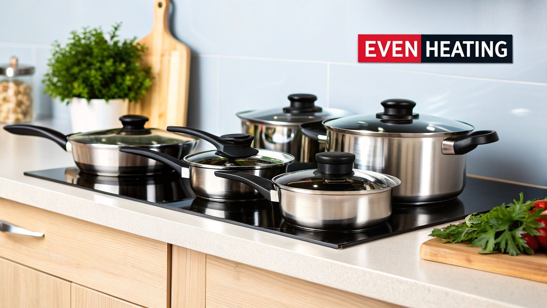 A set of high-quality pots and pans stacked neatly in a modern kitchen