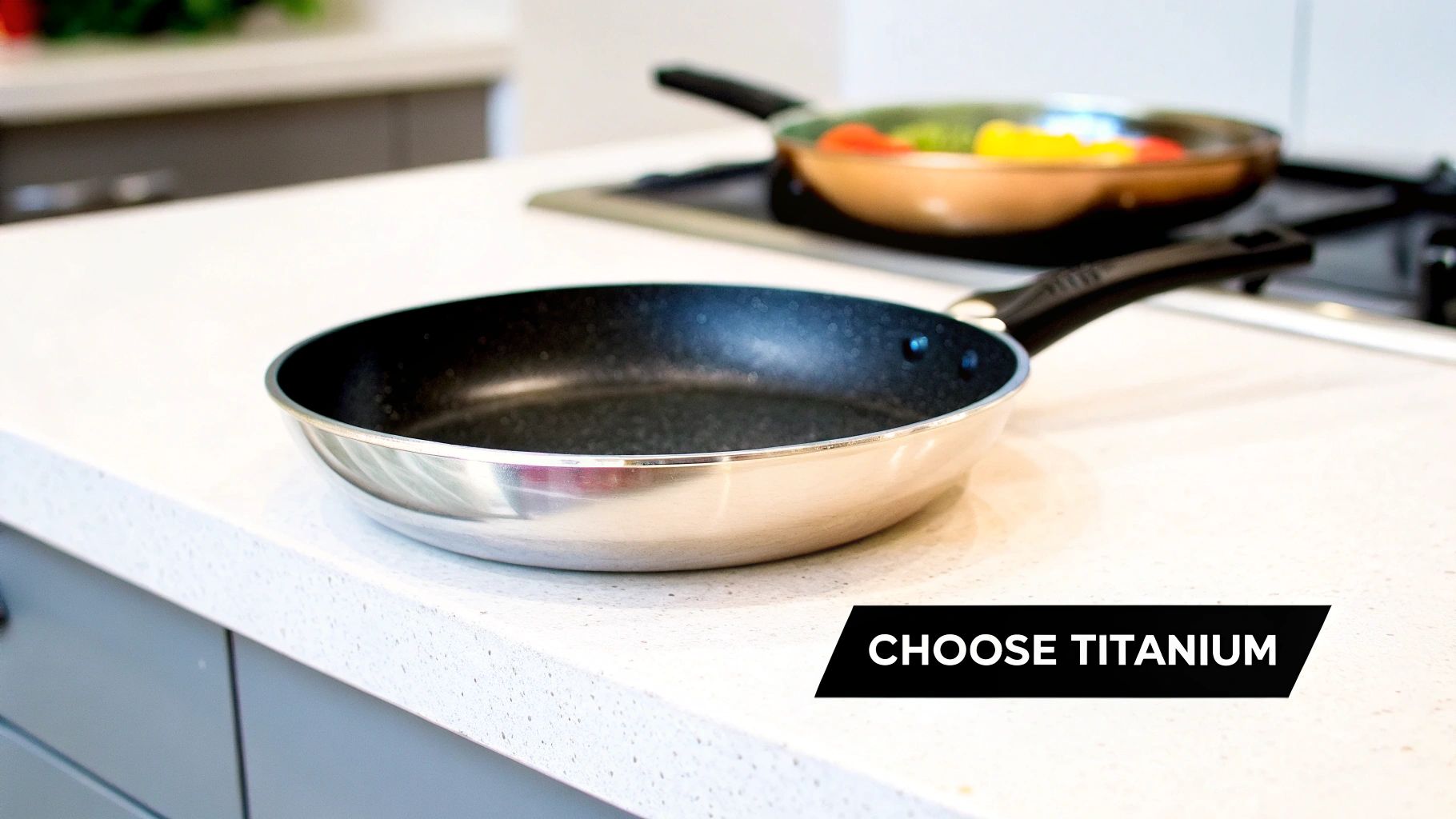 A titanium frying pan with fresh vegetables being cooked inside, showcasing its vibrant colours and cooking capability.