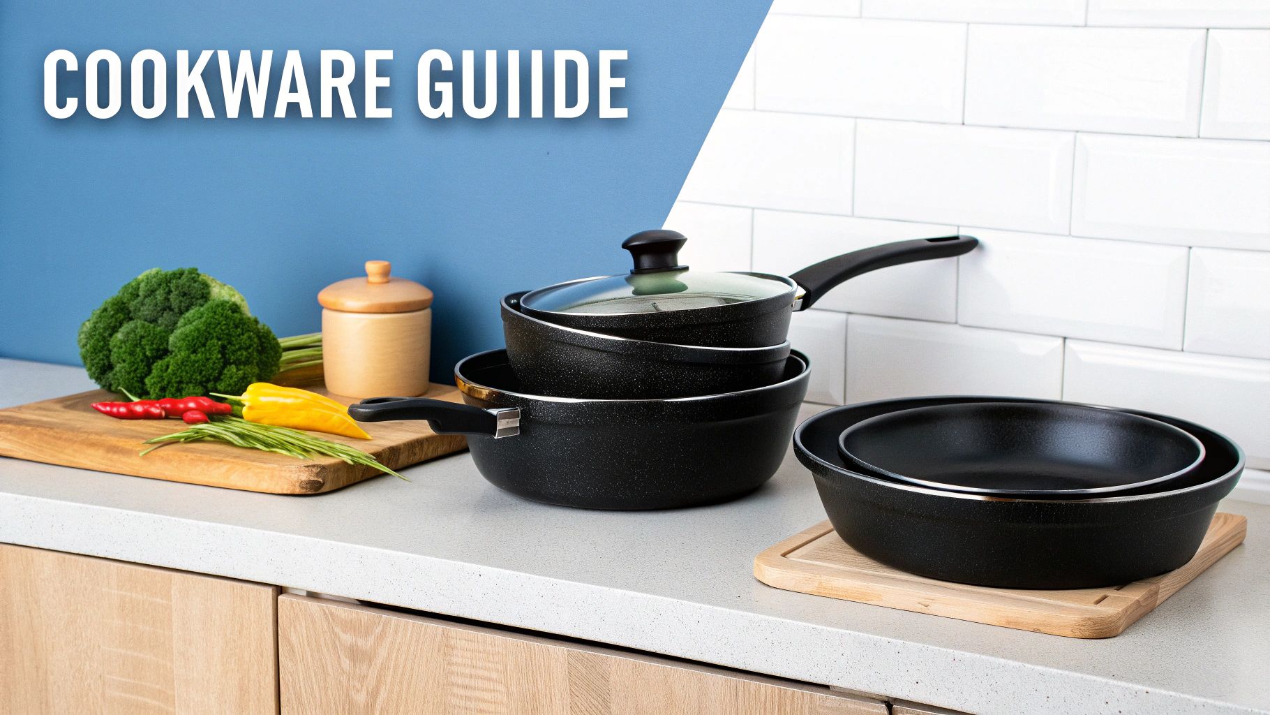 A display of different types of cookware materials arranged on a kitchen counter
