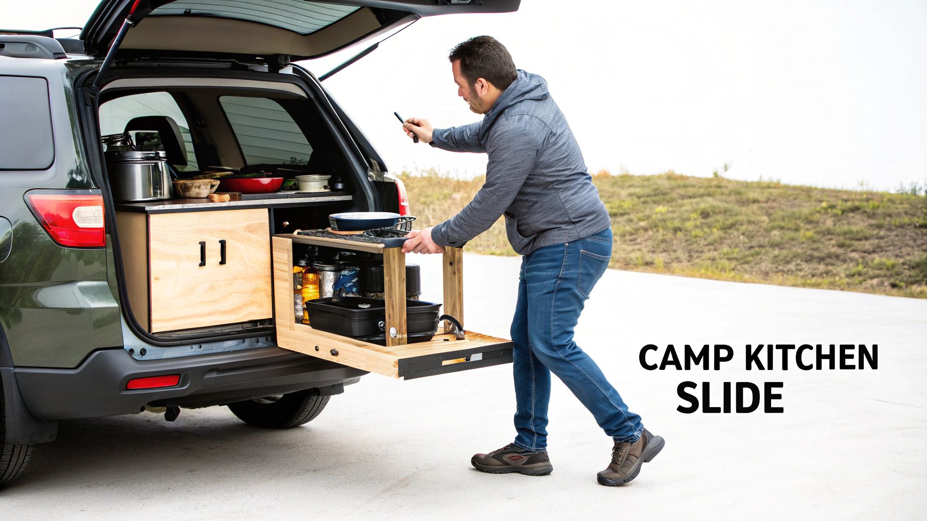 A man pulls out a wooden camp kitchen slide with a stove and storage from an SUV's trunk.