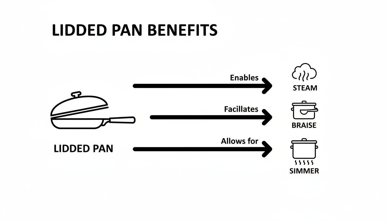 A diagram illustrates the benefits of a lidded pan for steaming, braising, and simmering food.