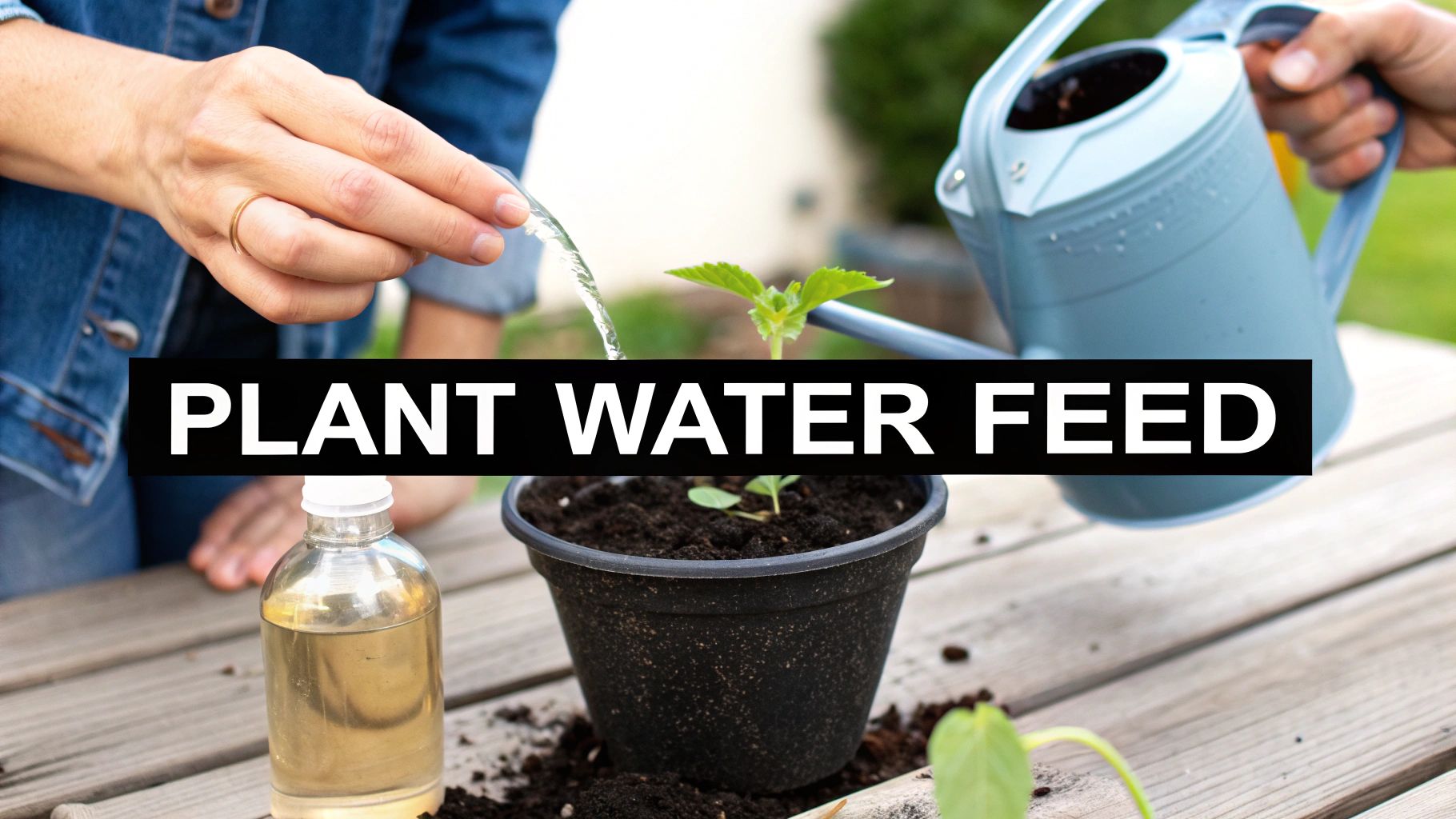 Two people nurturing small potted plants on a wooden table, one pouring liquid, another holding a watering can.