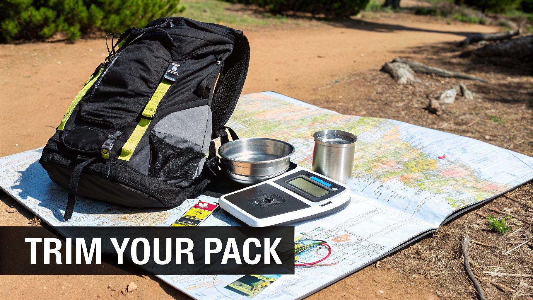 A lightweight titanium pot sits on a small packable stove in a beautiful outdoor setting.