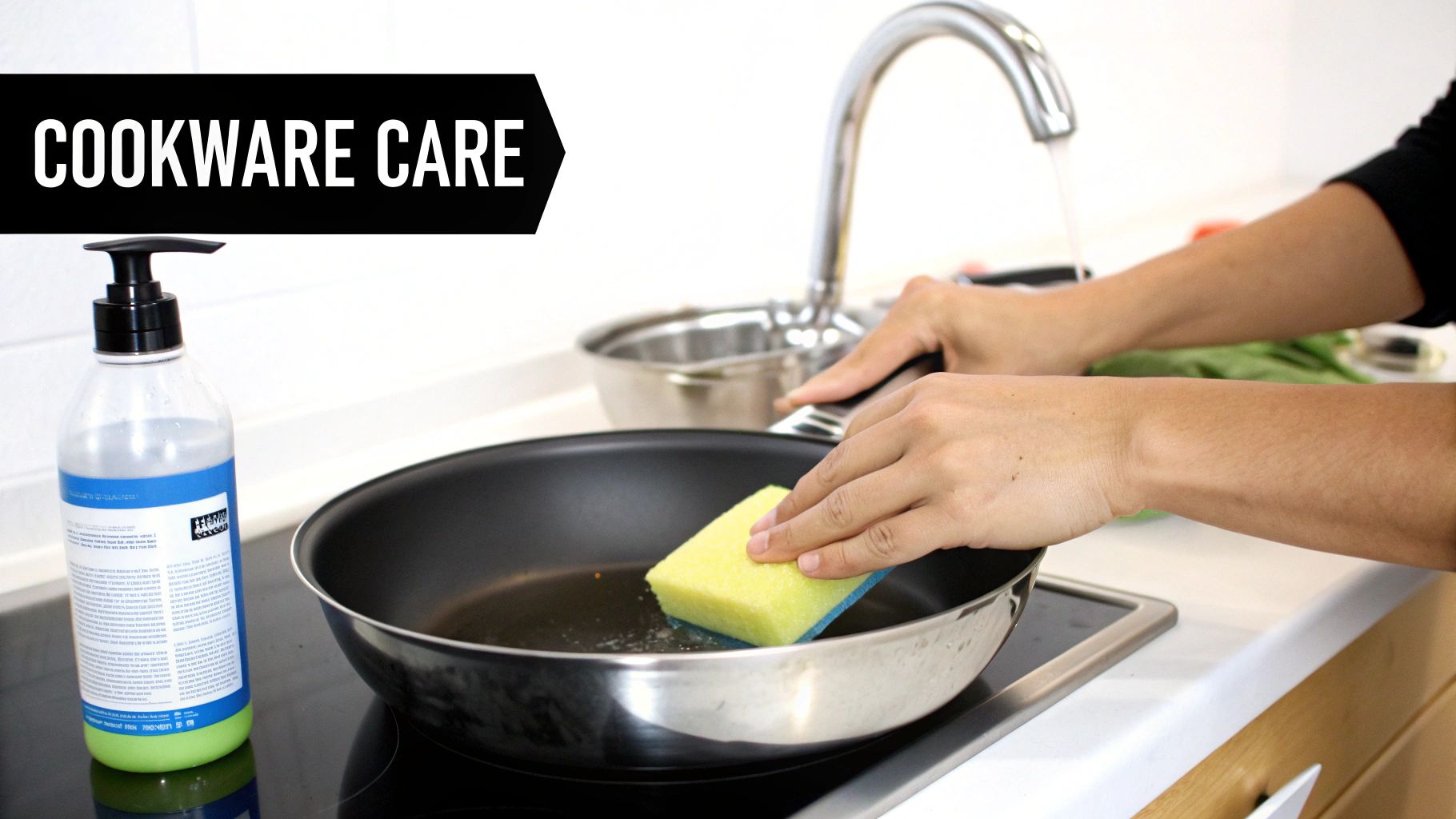Hands washing a non-stick frying pan with a sponge and dish soap, focusing on cookware care.