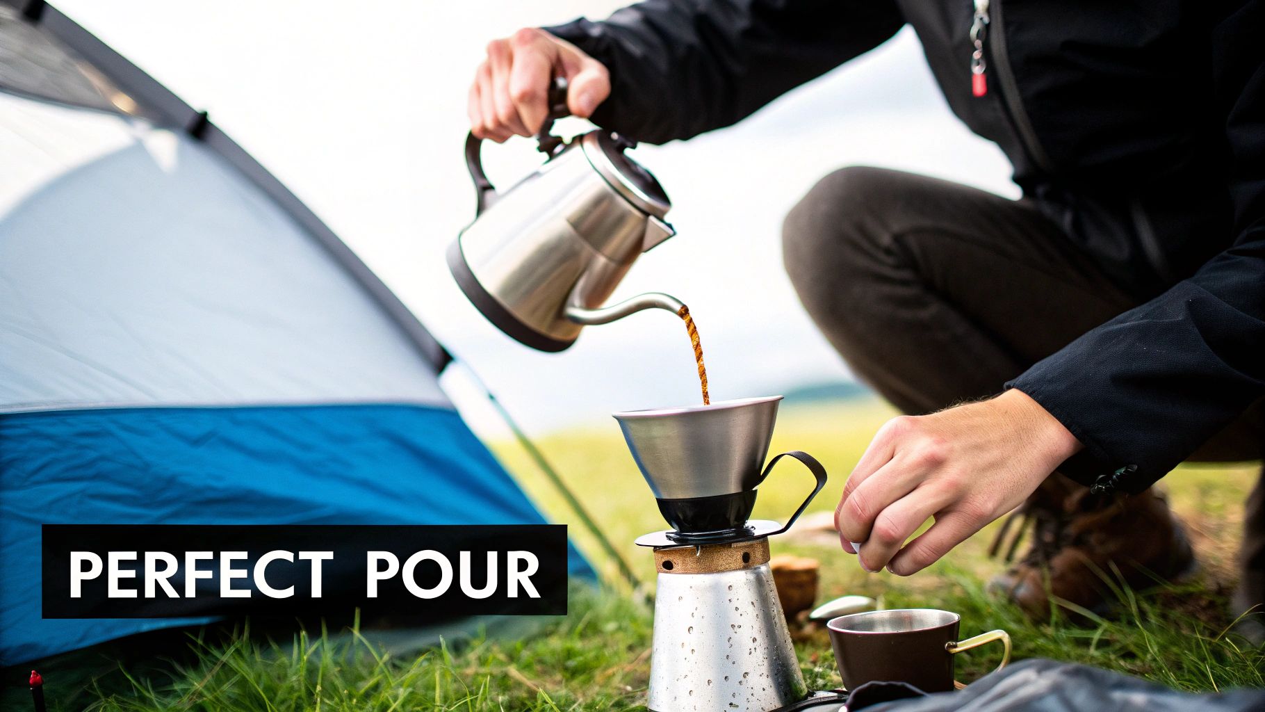 A person carefully pours coffee from a gooseneck kettle into a pour-over maker while camping.