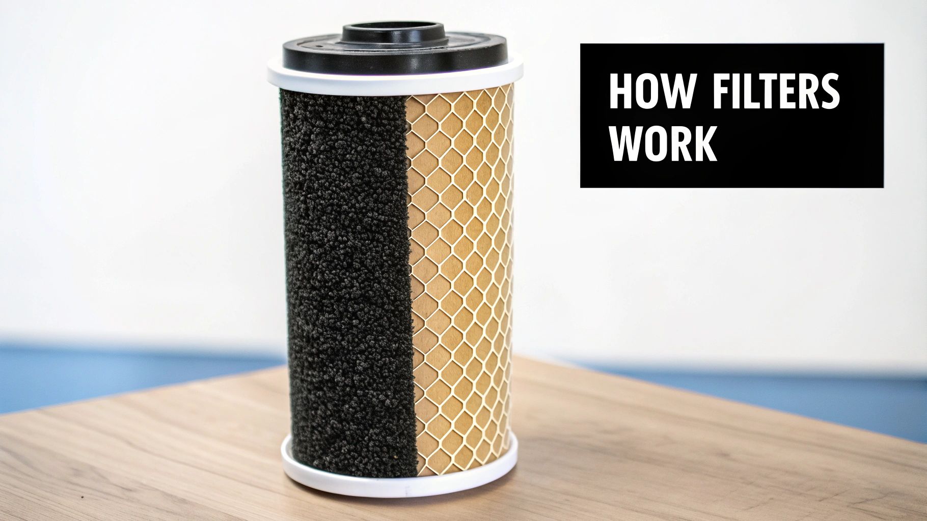 A cutaway water filter cartridge showing internal black granular and honeycomb mesh layers, titled 'HOW FILTERS WORK'.
